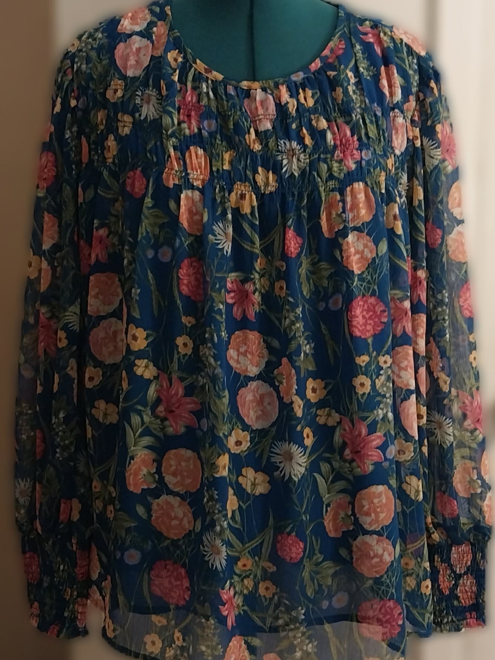 Terra & Sky Teal Floral Pintuck Peasant Top - Picture 2 of 2